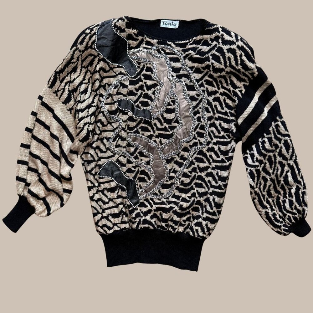 🖤 Vintage Sonia Hand-Made Sweater – Mixed Textures Art Deco Drama Faux Leather